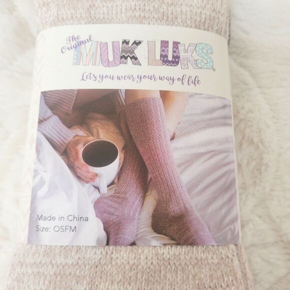The Original Muk Luks Knee High Socks Tan Multi Contrast Top Toe Heel OSFM New - Picture 3 of 5